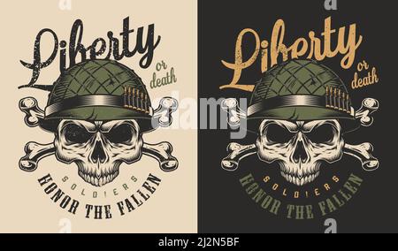 Totenkopf Soldat im Helm T-Shirt Print Konzept. Vektorgrafik Stock Vektor