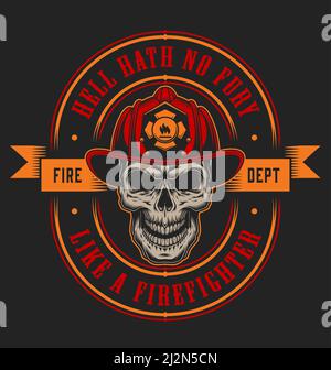 Vintage Brandbekämpfung Emblem Konzept mit Totenkopf in Feuerwehrhelm isoliert vektorgrafik Stock Vektor