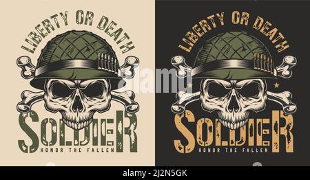 Totenkopf in Soldat Helm mit Knochen T-Shirt Print Konzept. Vektorgrafik Stock Vektor