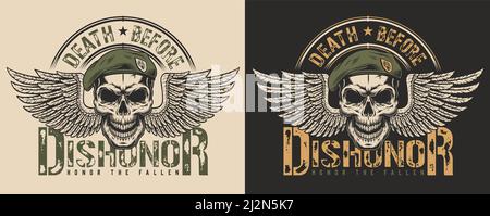 Totenkopf in Baskenmütze und Flügel T-Shirt Print Konzept. Vektorgrafik Stock Vektor