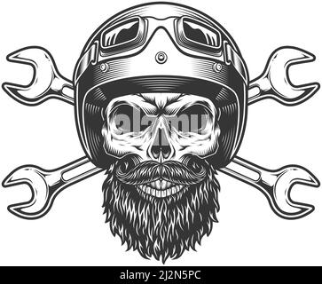 Motorrad Fahrer Totenkopf in Moto Helm mit Bart Schnurrbart und Gekreuzte Schraubenschlüssel im Vintage-Stil isoliert Vektor-Illustration Stock Vektor