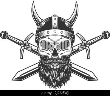 Vintage wikinger Totenkopf in gehörnten Helm mit Schnurrbart Bart und Gekreuzte Schwerter isolierte Vektor-Illustration Stock Vektor