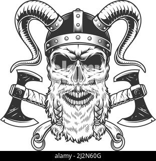 Vintage monochromen skandinavischen wikinger Totenkopf in Helm mit Hörnern und Gekreuzte Schwerter isolierte Vektor-Illustration Stock Vektor