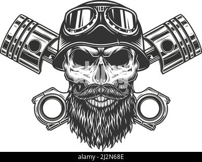 Vintage monochromer Biker Totenkopf in Motorradhelm und Brille und Vektordarstellung „Gekreuzte Motorkolben isoliert“ Stock Vektor