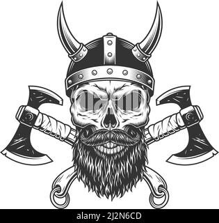 Vintage bärtiger und gemauerter wikinger Schädel in gehörntem Helm mit Gekreuzte Achsen im monochromen Stil, isolierte Vektorgrafik Stock Vektor
