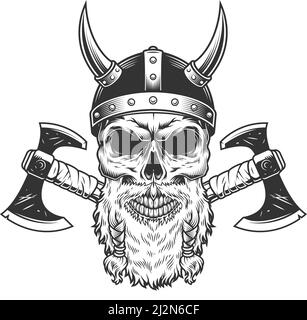 Scandinavian viking Schädel in gehörnten Helm mit gekreuzten Äxten in Vintage monochromen Stil isoliert Vektor-Illustration Stock Vektor