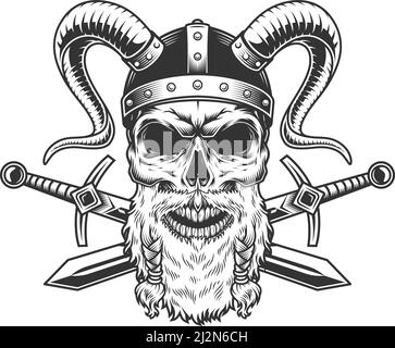 Vintage Heck bärtigen wikinger Schädel in gehörnten Helm und gekreuzt Schwerter im monochromen Stil isoliert Vektor-Illustration Stock Vektor