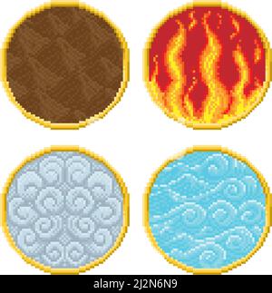 Feuer Erde Luft Wasser 4 Elemente Pixel Art Ikonen Stock Vektor