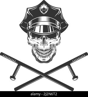 Polizist Schädel mit gekreuzten Polizeiknüppeln im Vintage monochromen Stil Isolierte Vektordarstellung Stock Vektor
