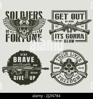 Vintage Militär und Armee Embleme mit Soldaten Schädel in modernen Geflügelter Helm gekreuzt Raketenwerfer Scharfschütze und Karabiner Gewehre Marine officer Schädel iso Stock Vektor