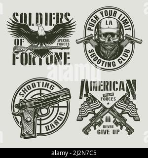 Vintage monochrome militärische Logos mit Adler hält Karabiner Gewehr Pistole Gun Anblick bärtig und moustached Special Forces Soldat Schädel gekreuzt scharfschütze Stock Vektor