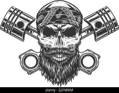 Bärtiger und mousstachierter Biker-Schädel in Bandana mit gekreuzten Motor Kolben in Vintage monochromen Stil isoliert Vektor-Illustration Stock Vektor