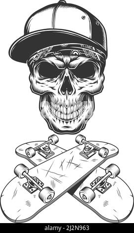 Skateboarder Totenkopf in Baseball Cap und Bandana mit gekreuzten Skateboards Im Vintage monochromen Stil isolierte Vektor-Illustration Stock Vektor