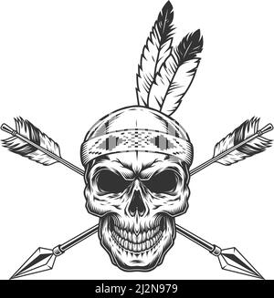 indianischer Krieger Schädel mit Federn und gekreuzten Pfeilen Im monochromen Vintage-Stil isolierte Vektor-Illustration Stock Vektor