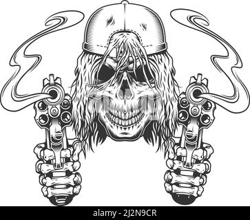 Vintage monochrome Skateboarder Totenkopf in Mütze mit Skelett Hände halten Pistolen isoliert Vektor-Illustration Stock Vektor