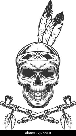Vintage indianer Krieger Schädel mit Federn und gekreuzten Rauchpfeifen Isolierte Vektordarstellung Stock Vektor