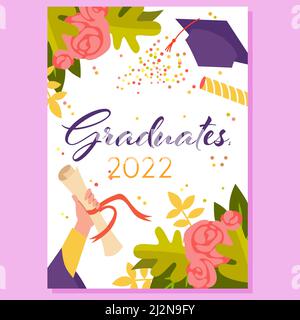 Absolventen 2022, Gratulation Grußkarte Design, Hand des Studenten mit Diplom Stock Vektor