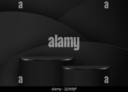 Vector 3D abstraktes Studio-Zimmer mit Podestsockel. Schwarze geometrische Plattform mit gewelltem Hintergrund. Luxuriöse Bühne für die Präsentation von Kosmetik Stock Vektor