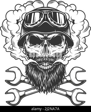 Totenkopf trägt Biker Helm und Brille in Rauchwolke mit Gekreuzte Schraubenschlüssel im monochromen Vintage-Stil mit isolierter Vektorgrafik Stock Vektor