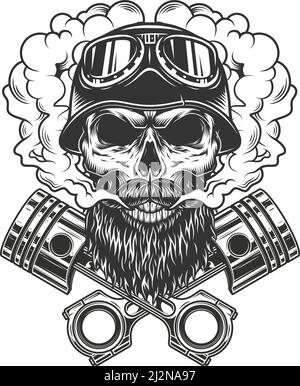 Bärtiger und mousstachierter Biker-Schädel in Rauchwolke mit gekreuzten Motorkolben im monochromen Vintage-Stil, isolierte Vektorgrafik Stock Vektor