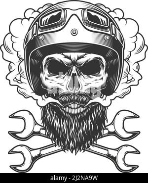 Motorradfahrer Schädel trägt Helm und Brille mit Bart Schnurrbart und Gekreuzte Schraubenschlüssel in Rauchwolke im Vintage-Stil isoliert Vektor Abbildung Stock Vektor