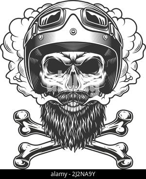 Vintage monochromer Motorradfahrer Totenkopf mit Bart Schnurrbart und Kreuzknochen in Abbildung des durch Rauchwolke isolierten Vektors Stock Vektor