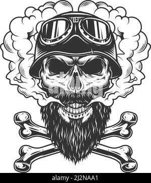 Bärtiger und mousstachierter Biker-Schädel in Rauchwolke mit Kreuzknochen Im monochromen Vintage-Stil isolierte Vektorgrafik Stock Vektor