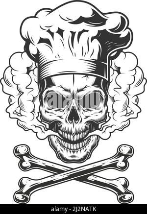 Vintage monochromen Schädel trägt Chef Hut in Rauchwolke mit Crossbones isolierte Vektordarstellung Stock Vektor
