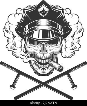 Vintage monochromen Polizist Schädel Rauchen Zigarre in Rauchwolke mit Gekreuzte Polizeiknüppel isolierten Vektor-Illustration Stock Vektor