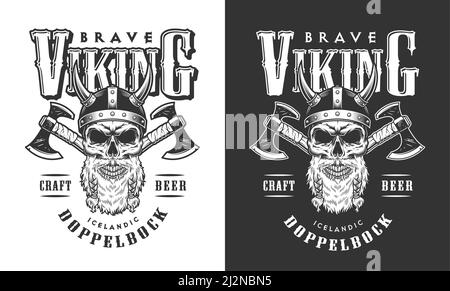 Wikinger Totenkopf in gehörnten Helm Emblem mit gekreuzten Achsen in Vintage monochromen Stil isoliert Vektor-Illustration Stock Vektor
