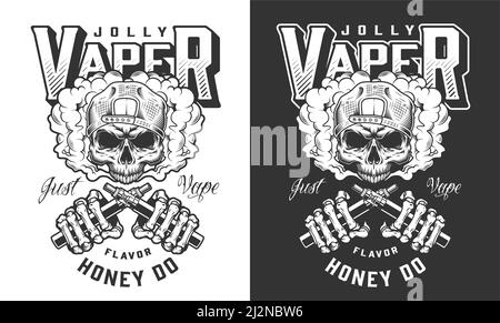 Vintage monochromes Vaping Emblem mit Totenkopf trägt Hipster Mütze in Rauch Wolke und Skelett Hände halten elektronische Zigaretten isoliert Vektor illust Stock Vektor