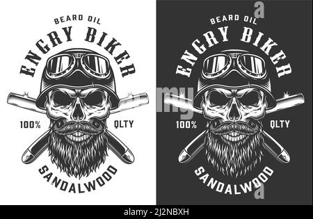 Biker Schädel in Helm und Brille Emblem mit gekreuzten Rasiermesser Klingen in Vintage monochrom Stil isoliert Vektor-Illustration Stock Vektor