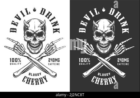 Vintage monochromen Dämon Totenkopf Druck mit gekreuzten Skelett Hände zeigen Rock and Roll Zeichen isoliert Vektor Illustration Stock Vektor