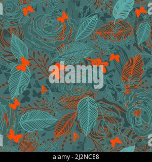 Nahtlose Vektor-Illustration Vintage-Muster mit Bouquet von blauen Blumen und orangefarbenen Schmetterlingen. Pfingstrosen, Rosen, Erbsen, Glocke. Monochrom. Stock Vektor