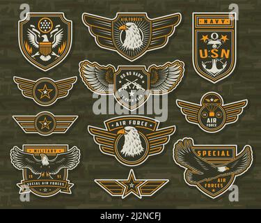 Vintage Streitkräfte Insignien und Abzeichen in verschiedenen Formen mit Adler Sterne Anker gekreuzte Scharfschützengewehre auf militärische Waffen Hintergrund Isolierte V Stock Vektor