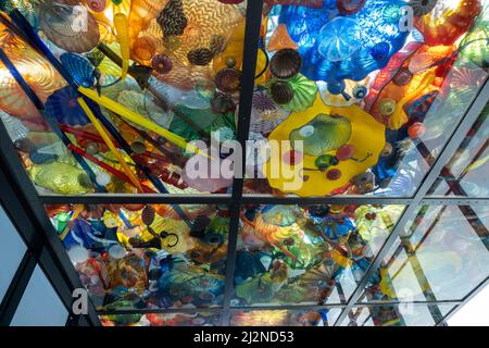 Tacoma, WA USA - ca. August 2021: Herrliche Sicht auf Glasskulpturen in der Decke des Außenstegs im Museum of Glass. Stockfoto