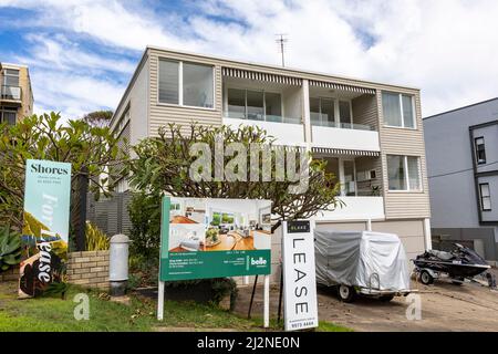 Sydney Wohnung in Avalon Beach zur Miete mit Agenten Marketing Boards außerhalb, Sydney, NSW, Australien Stockfoto