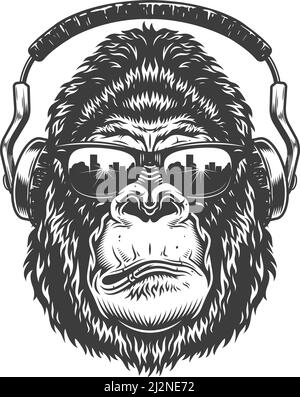 Vektor-Illustration, seriöser Gorilla-Kopf in den Kopfhörern und Brille auf weißem Hintergrund Stock Vektor