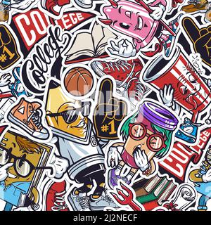 Vintage College bunte nahtlose Muster mit Fan Handschuh Basketball Ball Sneakers Bücher Diplom scroll lustige Charaktere aus Kondom Bleistift Papier Becher bo Stock Vektor