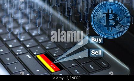 Tastatur mit Deutschland-Flagge auf ENTER-Taste mit Bitcoin-Münze-Hologramm und Online-Kauf- und Verkaufskonzept. Stockfoto