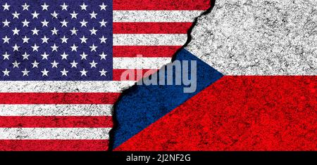 USA und Tschechien. Flaggen der Vereinigten Staaten und der Tschechischen Republik. Partnerschaft, Beziehungen und Konfliktkonzept. Hintergrund des Banners Stockfoto