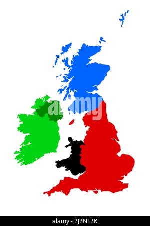 Eine Silhouette von Großbritannien und Irland auf einem weißen Hintergrund, auf dem jedes Land farblich gekennzeichnet ist Stockfoto