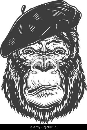 Ernsthafter Gorilla im monochromen Stil im Künstlerhut. Vektor-Vintage-Illustration Stock Vektor