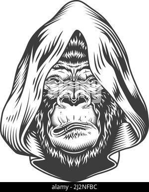 Ernsthafter Gorilla im monochromen Stil in der Kapuze. Vektor-Vintage-Illustration Stock Vektor