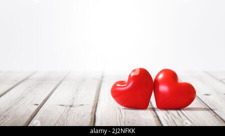 Zwei rote Holzherzen auf rustikalem Tisch - Valentinstag, Muttertagskonzept´s mit Kopierraum - 3D-Illustration Stockfoto