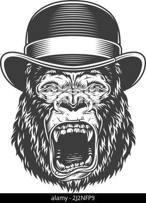 Angry Gorilla im monochromen Stil in Melone Hut. Vektor-Vintage-Illustration Stock Vektor