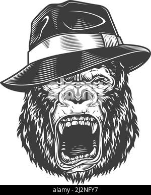 Wütender Gorilla im monochromen Stil in Fedora-Hut. Vektor-Vintage-Illustration Stock Vektor