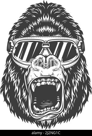 Wütender Gorilla im monochromen Stil in einer Skibrille. Vektor-Vintage-Illustration Stock Vektor
