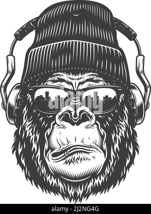 Gorilla Kopf im monochromen Stil in Kopfhörer und Beanie. Vektorgrafik Stock Vektor