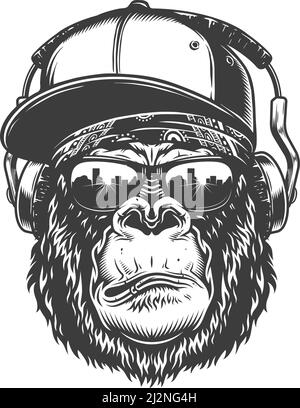 Gorilla-Kopf in monochromem Stil in Kappe und Kopfhörer. Hipster-Vektor-Illustration Stock Vektor